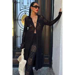 Cardigan long ajouré en maille Bridget pour femme, décontracté, transparent, noir - Product Image 5