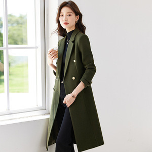 Women's Trench Coat Double Breasted Woolen Long Coat Navy Blue Purple Solid Color Professional Formal Winter Wear - Product Image 2