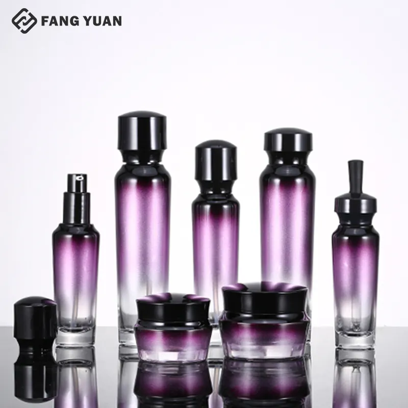 Luxury skin care packaging cosmetic bottle set purple glass for skin care dropper bottle
