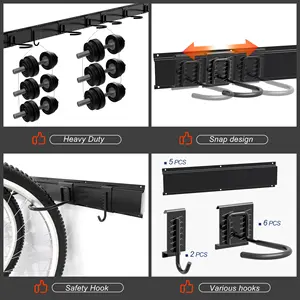 Ganchos de suporte com fio para bicicletas, suporte exclusivo para garagem, suporte de parede para bicicletas, rack de armazenamento com prateleira
