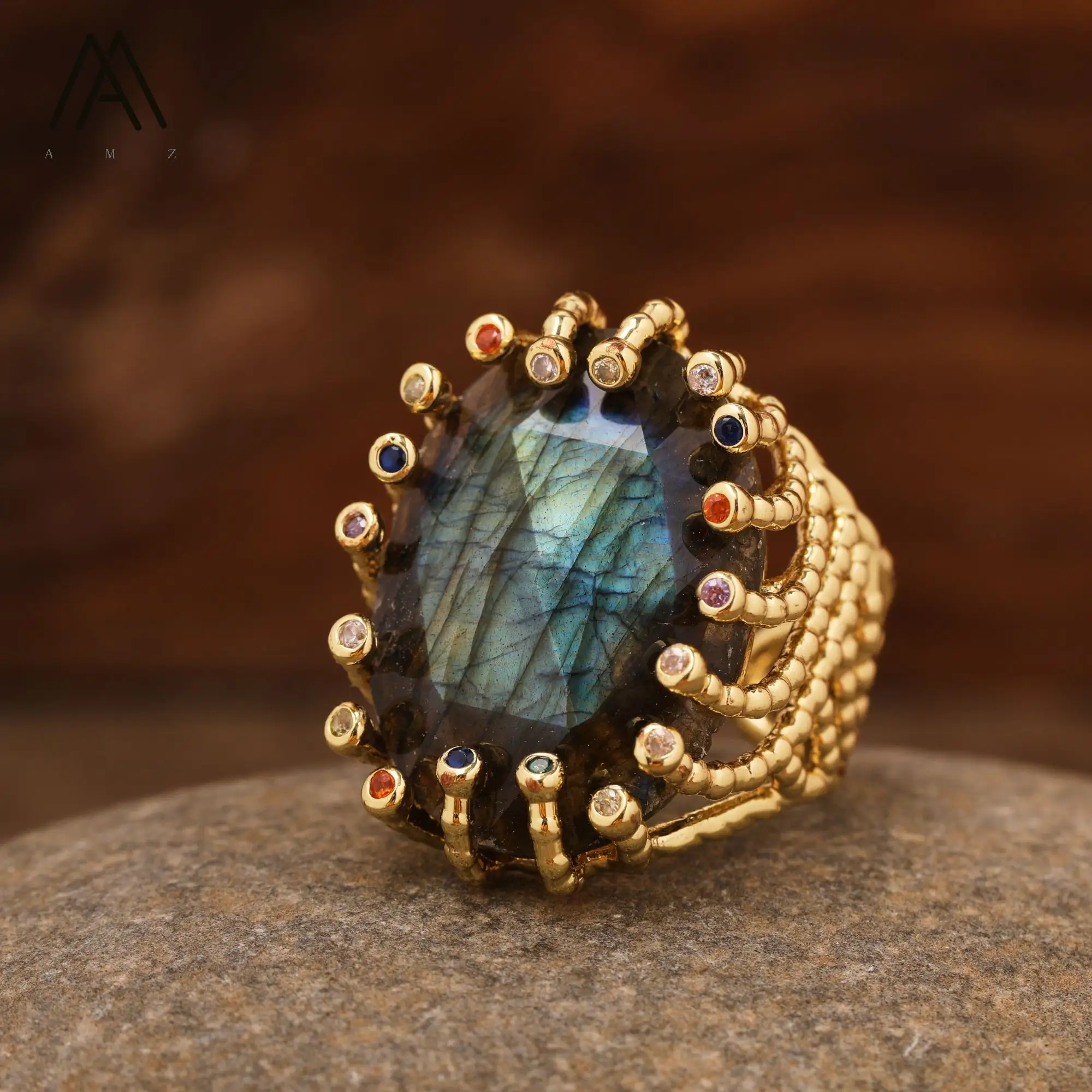 Cincin mewah batu permata alami penyembuhan kristal warna-warni berlian imitasi pernyataan cincin emas perhiasan