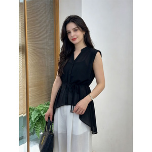 Atasan Wanita Tanpa Lengan Bahan Chiffon Transparan Motif Polkadot / Hitam Polos Kerah V dengan Ikat Pinggang Model Peplum 2026 - Product Image 3