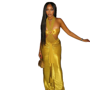 Nuevo Vestido Maxi Metálico Sólido con Cuello Halter y Aberturas para Mujer CX7666, con Abertura Alta, Fruncido y Pedrería, Estilo Bodycon, para Fiesta de Noche, Colección 2026 de Fábrica - Product Image 1