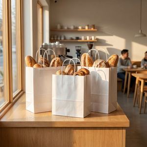 Sac en papier kraft recyclé brun imprimé avec logo personnalisé pour la vente à emporter d'aliments, emballage de pâtisserie, emballage de biscuits, sac en papier kraft avec poignées - Product Image 4