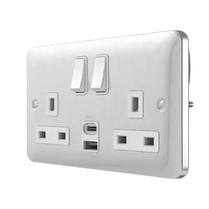 NEW HOT SALE 13A 2 Gang DP Switched Socket with Normal Charge 20W Type A+Type C USB sockets metal stainless steel SWITCH