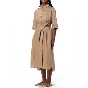 Robe chemise mi-longue en lin unie à ceinture, coupe décontractée, avec logo personnalisé, pour femme – Meilleure vente - Product Image 2