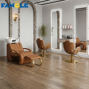 Fauteuil de lavage de luxe incurvé marron pour salon de coiffure, mobilier de barbier, lit de lavage avec bassin en céramique, station de thérapie capillaire, fauteuil de barbier - Product Image 1