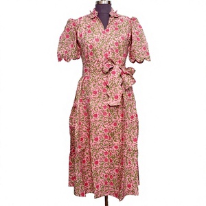 Vestidos Midi de Diseño Casual con Cuello en V, Cintura Natural, Estilo Canguro, Hechos a Mano, Sencillos, Modernos, Dulces, Naturales, Ecológicos, Lavables, con Estampado Floral para Mujer - Product Image 1