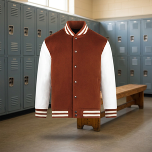Veste universitaire en laine marron pour homme, manches blanches, col rabattu, boutonnage frontal, style formel, coupe ample, réversible, coupe-vent, hiver - Product Image 6