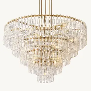 Modern Hotel Golden Crystal Pendant Light For Living Room Brass K9 Crystal Light Vintage Chandeliers Five Tier Round Chandelier
