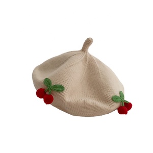 Landfond accesorio otoño-invierno Bebé niñas lindo cereza decoración boinas gorra de punto sombrero de <span class=keywords><strong>pintor</strong></span> - Product Image 1