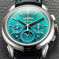 Jam Tangan Pria Sport Serbaguna Grosir Kristal Safir Tali Kulit Hijau Penunjuk Multifungsi Kalender Abadi Kronograf