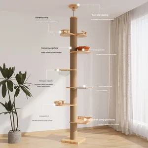 Rascador de árboles de gato vertical de piso a techo, marco de escalada de madera maciza moderno, respetuoso con el medio ambiente, todo en uno, de 2 niveles - Product Image 4