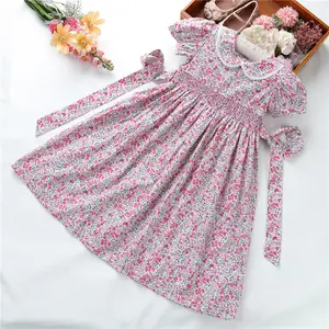 C41258 1 ~ 14 세 도매 smocked 드레스 소녀 드레스 핑크 자수 체리 핑크 코튼 어린이 옷
