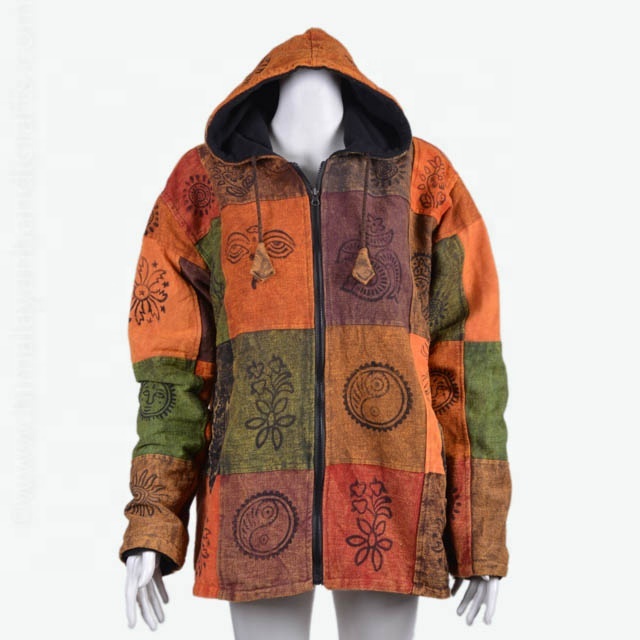 Giacca In Pile Con Cappuccio Hippie Unisex | 100% Cotone, Calda, Tasche Nascoste, Chiusura A Velcro, Design Etnico Nepal