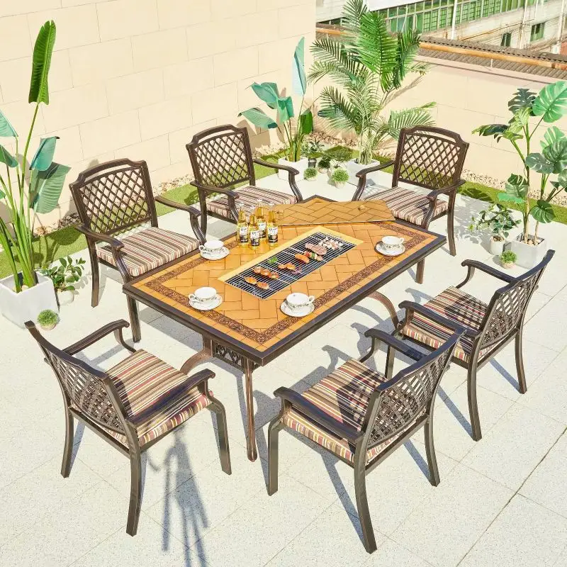 Best sellers 120cm charcoal baking table garden cast aluminium table & chairs sets outdoor fireproof furniture