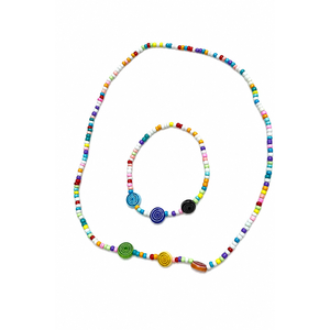 Parure de bijoux bohèmes en verre perlé, collier et <span class=keywords><strong>bracelet</strong></span> multicolores avec breloque fleur grecque Mati et pendentifs aux quatre motifs - Product Image 1