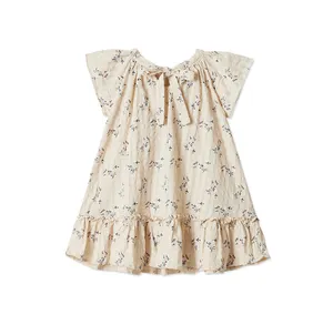 100 % Baumwolle Baby Mädchenkleid für 12-15 Jahre Sommer lässig O-Ausschnitt ärmellos mit Rüschen gewebt Stoff Smock-Design