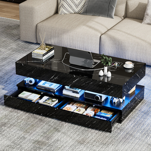 Tavolino da caffè smart a forma di H con motivo in marmo nero, cassetti portaoggetti e porte di ricarica per il soggiorno - Product Image 1