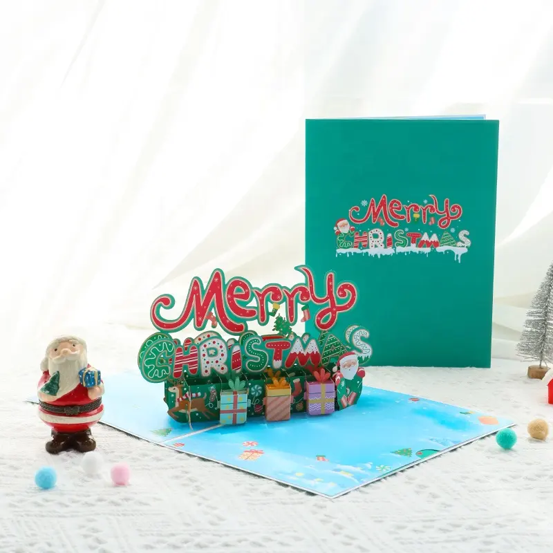 Feliz natal em letras com presentes pop up cartão de visita com cartão de nota