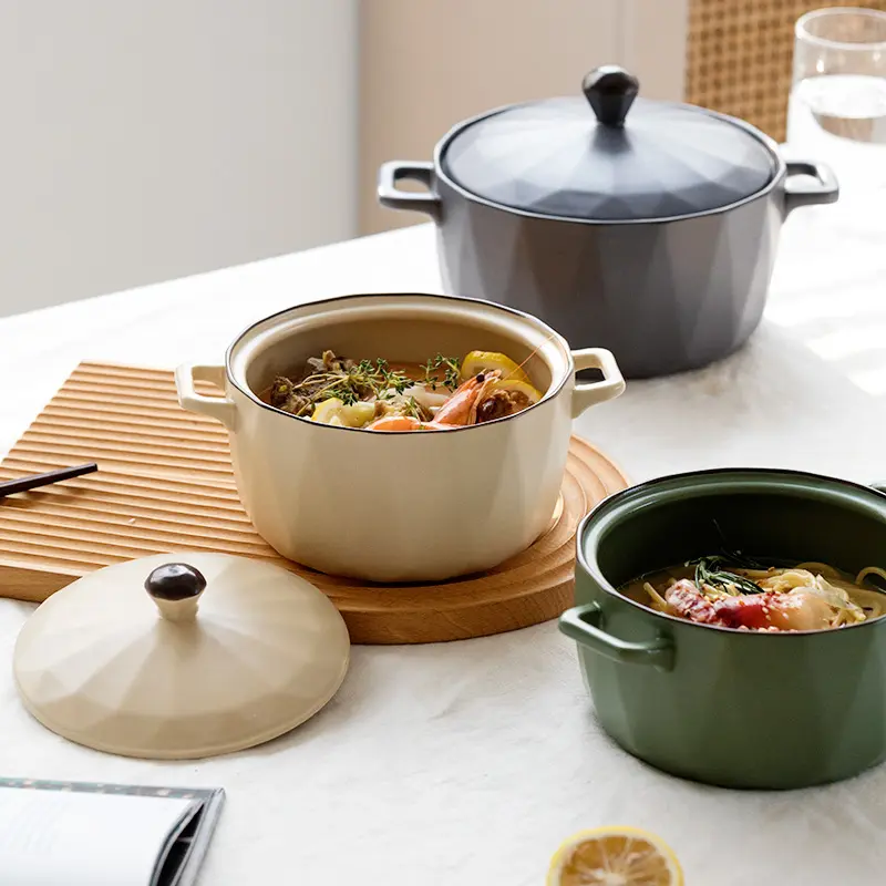 Pot à soupe en céramique avec couvercle, double oreille créative, pot à nouilles instantanées, grand ménage, Offre Spéciale