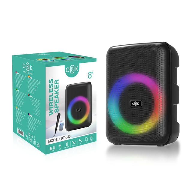 Outdoor  Karaoke Speaker 8 Inch With Screen Display Ring Rainbow RGB Wired Mic USB TF FM TWS Outdoor Party