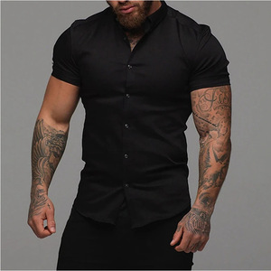 Camisas Casuales de Manga Corta para Hombre, Estilo Europeo y Americano, Color Sólido, Diseño Muscular, Poliéster/Algodón, Novedad de Verano - Product Image 4