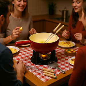 Ensemble de fondue au fromage Belledone, 10 pièces, avec poignées en bois, fourchettes codées par couleur, protège-éclaboussures - Product Image 3