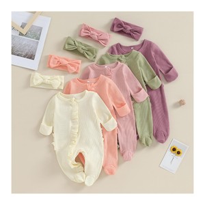 Lovelyshine Wholesale &amp; Custom Newborn <strong>Baby</strong> Girl Footie Waffle Knit Romper Zippers Ruffle Jumpsuit Fall <strong>Winter</strong> <strong>Clothes</strong> - Product Image 1