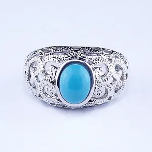 Islamic design ring gemstone men fashion silver rings with blue turquoise stone Finger band