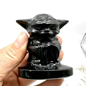 Wholesale Factory Price Crystal Carved Hand-Painted Black Obsidian Yoda Customized for Love Feng Shui Theme Halloween Gifts