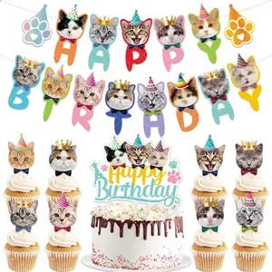 Conjunto de banderines de cumpleaños para gatos y mascotas, banderín con diseño de dibujos animados, divertido, ideal para fiestas y tartas