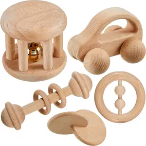 5 Stück Holz Baby Rasseln Push Car Bells Beißring Babys pielzeug Holz spielzeug Montessori Spielzeug für Babys 0-6-12-36 Monate Strand Holz Ba
