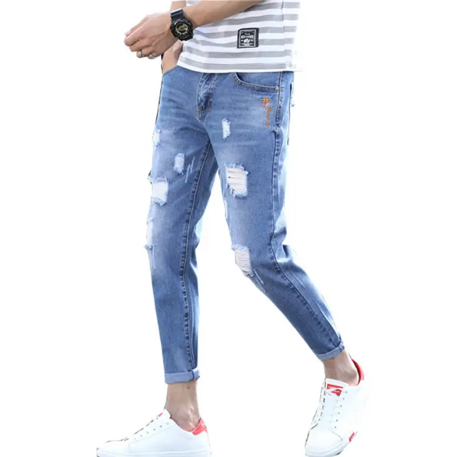 Xiangchuang trend slim feet plus size ripped nine points custom boys men's denim jeans pant