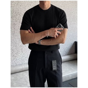Maglietta estiva da uomo <span class=keywords><strong>a</strong></span> maniche corte, girocollo, sottile, in maglia, vestibilità slim, elasticizzata, trendy, versatile, con elegante striscia verticale. - Product Image 3