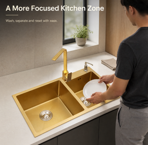 Lavello da <span class=keywords><strong>Cucina</strong></span> a Doppia Vasca in Acciaio Inossidabile Dorato con Rubinetto ad Arco Alto, <span class=keywords><strong>Doppio</strong></span> Scarico, Vasche Profonde, Bordo Largo Moderno, Fornitura B2B OEM ODM - Product Image 5