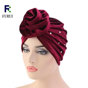 Wholesale muslim woman velvet turbans with pearls bead hijab turban with flower tie arabic head turban