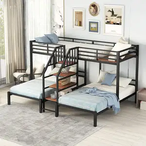 Hitam Twin Over Twin & Twin Bunk Bed dengan rak penyimpanan tangga logam Triple Bunk Bed dengan tangga