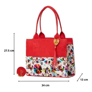 Bolso de mano de yute rojo para mujer Fana Dahina, tamaño mediano, estampado floral, para uso alimentario, con bolsillo con cremallera - Product Image 4