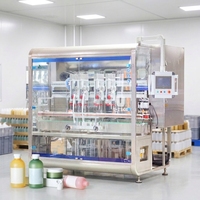 Machine automatique de remplissage, étiquetage et conditionnement de liquides visqueux (détergent, savon liquide, boissons) par pistolet à piston et système de suivi linéaire servo