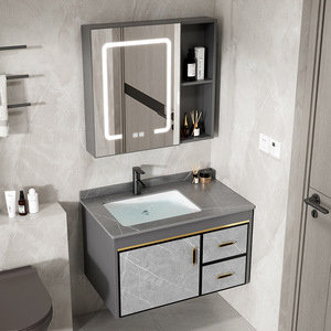 Meuble de salle de bain mural en MDF épaissi avec vasque intégrée en dalle de roche, étanche et écologique - Product Image 2