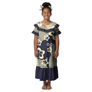 Abiti Hawaiani alla Moda per Bambini con Stampa Personalizzata, Vestiti Polinesiani con Colletto a Volant, Abito Tribale per Bambine con Maniche a Petalo - Product Image 3