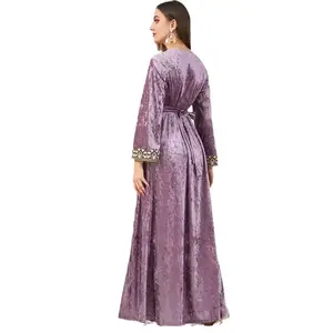 Мусульманское женское золотое бархатное платье с длинными рукавами, свободное и тонкое платье с V-образным вырезом, Высококачественная Женская одежда, вечерние платья