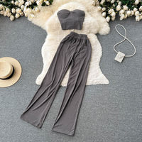 Ensemble 2 pièces d'été pour femme : Haut bandeau sans bretelles et pantalon ample taille haute à jambes larges