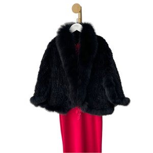 Châle de luxe en laine et polyester pour femme, avec fourrure de vison véritable et bordure en fourrure de renard, cape tissée à bouton unique, design décontracté et écologique pour l'hiver - Product Image 1