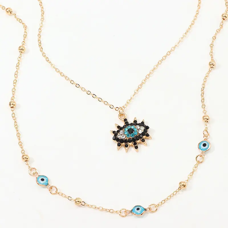 Hot Sales Fatima Gold Women Jewelry Chain Statement Long Accessory Cubic Zircon Hand Blue Evil Eye Pendant Necklace