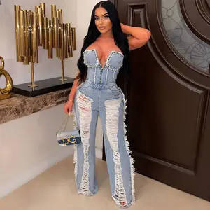 J&H summer 2023 high quality stretchy ripped jeans jumpsuits sexy rivet v neck tube top pants set fashion streetwear