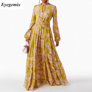 <span class=keywords><strong>Abito</strong></span> <span class=keywords><strong>giallo</strong></span> floreale di marca da donna <span class=keywords><strong>abito</strong></span> Casual dimagrante a maniche lunghe con vita stampata lungo fino al pavimento abiti 9008 # - Product Image 1