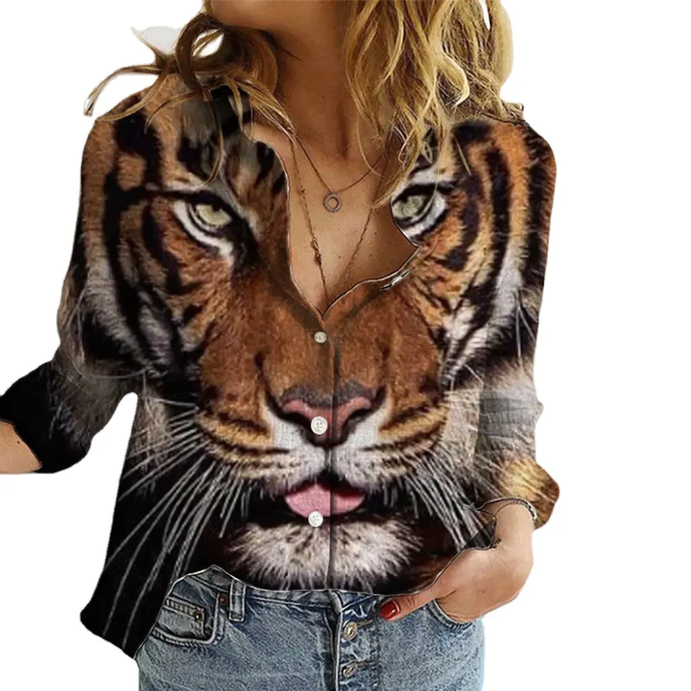 Señoras nuevo verano Vintage pulóver chaqueta suelta moda Digital Tigre Animal 3D impreso Blusa de manga larga