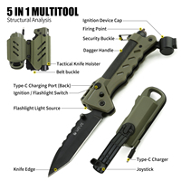 Couteau multifonction tactique Xhandle MT-33 5-en-1 en acier inoxydable avec allumage par impulsions, lampe torche LED, manivelle rechargeable, G10 EDC